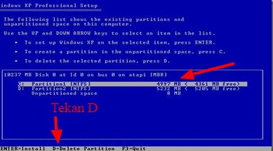 delete partisi untuk instal windows xp