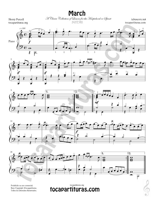 Marcha Suite Nº8 de Purcell Selección de una colección de lecciones para el clave o espineta Partitura Piano con Digitación en dedos, recomendamos para clases de Piano y pianistas nivel medio. Piano Sheet Music JPG with numbers fingerings for "March A choice collection of lessons for the Harpichord or Spinet), Suite NºVIII by Purcell Recommended for class of music piano, teachers and pianists level medium