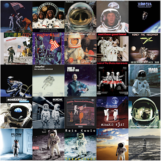 A composite image of 25 musical album covers featuring astronauts.