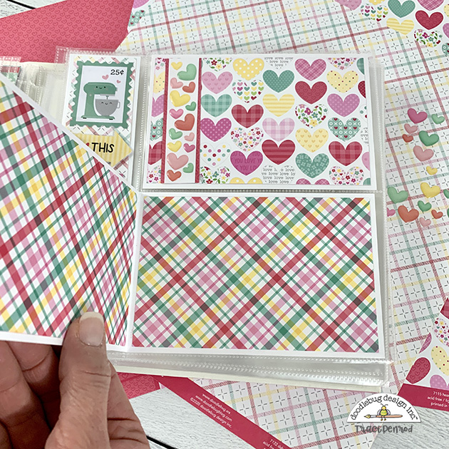 8x8 Valentine's Day scrapbook page layout with a cute baking theme, colorful hearts, and a pretty plaid folding card
