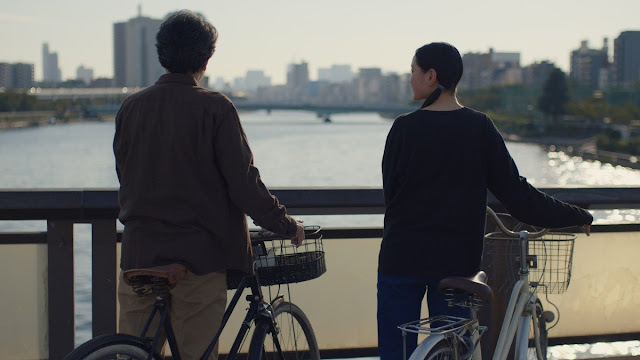 An adult man and teen girl look at the city horizon holding bicycles
