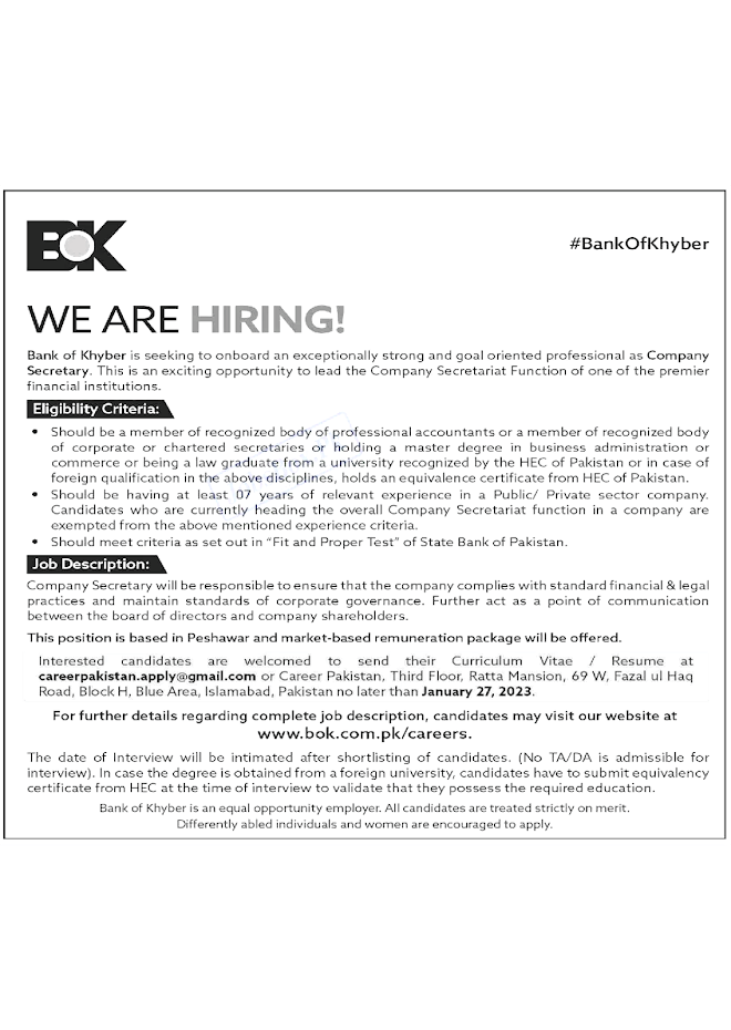 Bank of Khyber BOK Jobs 2023 – Apply Online via bok.com.pk