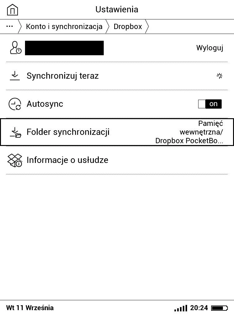 UStawienia usługi Dropbox w PocketBook Basic Lux 2 po zalogowaniu