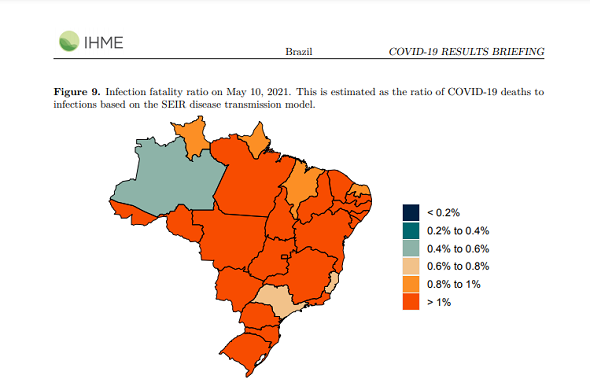 Taxa de mortalidade por infecção em 10 de maio de 2021. É estimada como a proporção de mortes por COVID-19 para infecções com base no modelo de transmissão de doenças SEIR.