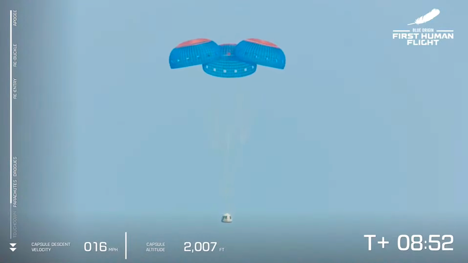 Capsule’s descent slowed down by main parachutes. Blue Origin, 20 July 2021.