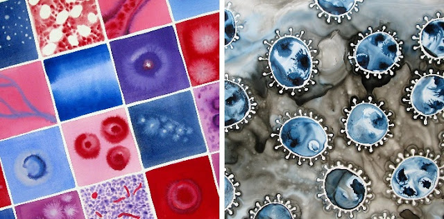 Pick me! From the Cells to the Stars, a 2011 watercolor, was featured in BrainPickings, giving me a publicity boost. Indigo Coronavirus (ink, 2020) was acquired by the National Academies of Science, a little institutional cred.
