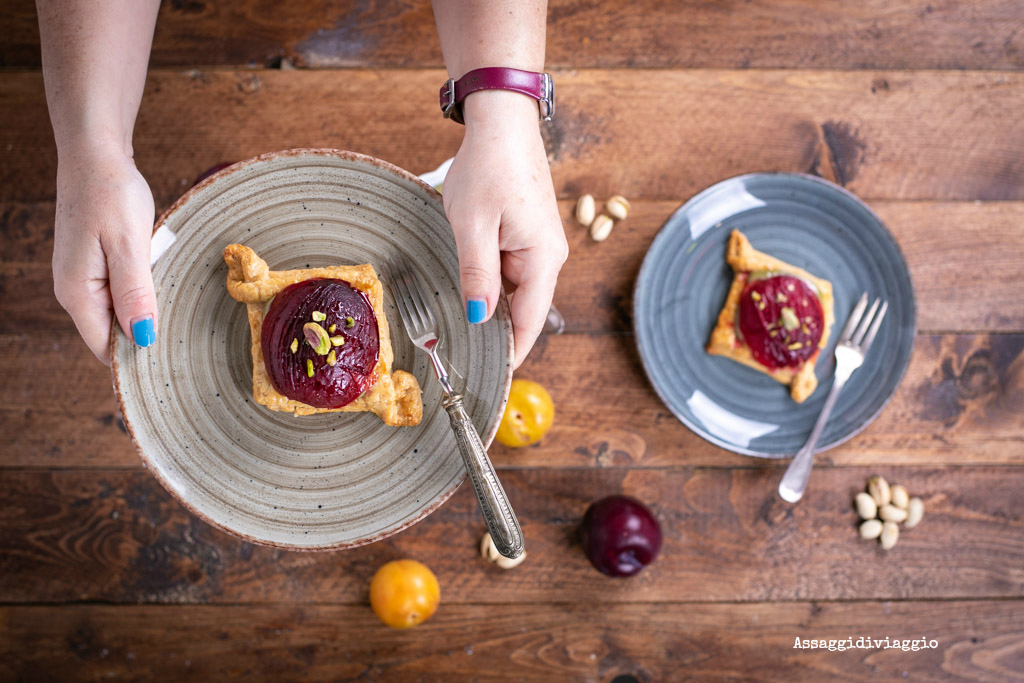 Plum and pistachio custard pastries