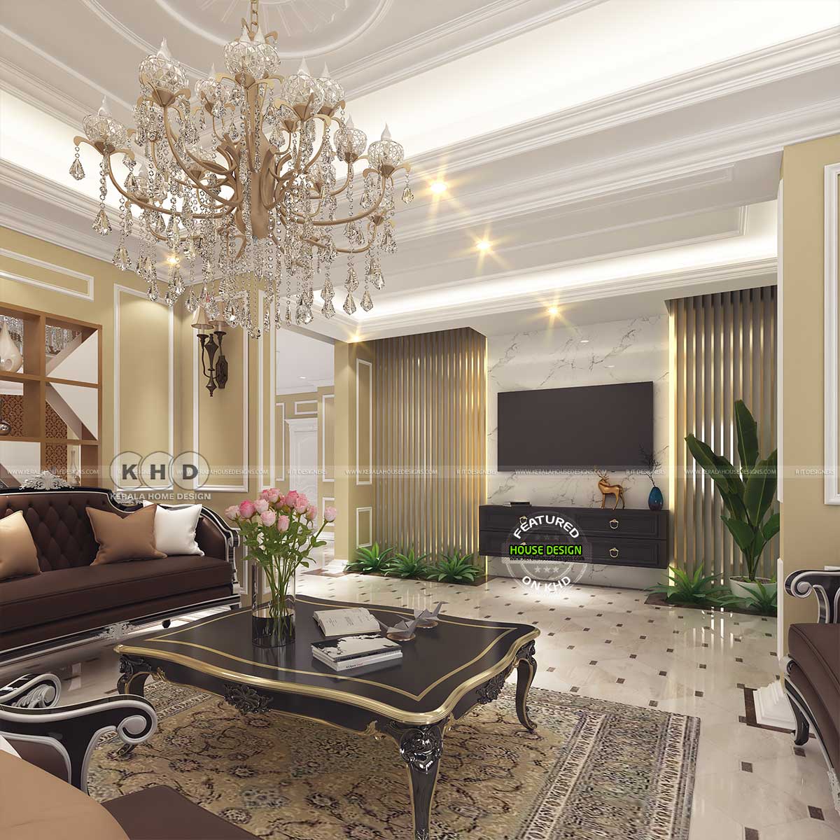 Colonial Living Room - Alternate View with Crystal Chandelier and Cozy Furnishings