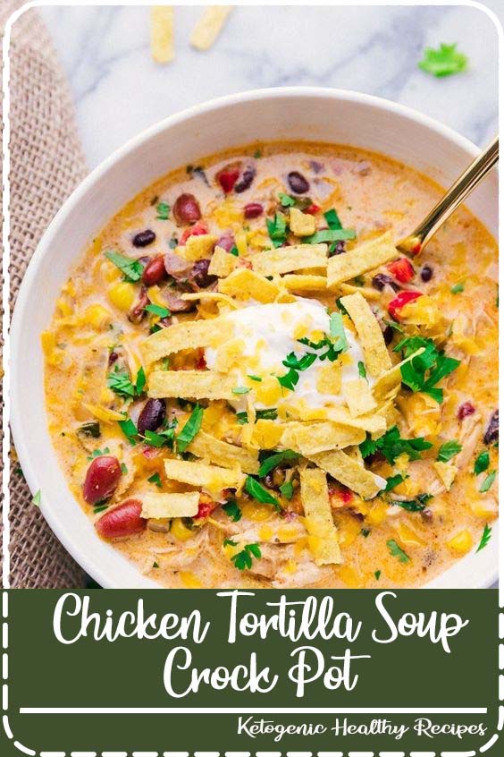 Creamy Chicken Tortilla Soup Crock Pot is full of flavor, easy to prepare and makes the house smell amazing. A perfect fall recipe & one that feeds a crowd. #soup #tortillasoup #chicken