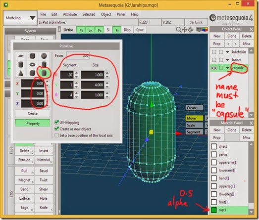 Create a capsule primitive with these settings