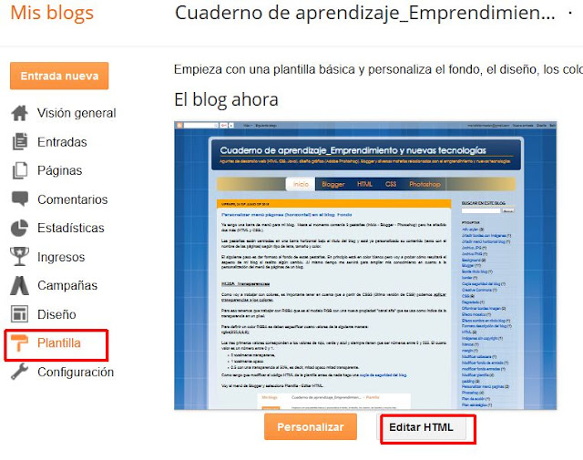 Editar HTML plantilla blog