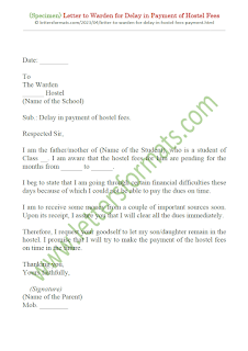 Letter to Warden for Delay in Payment of Hostel Fees