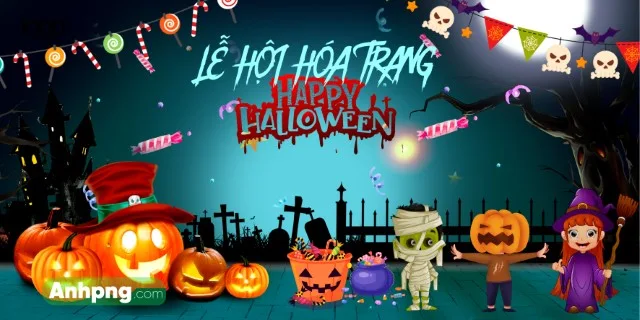 Phông nền Halloween lễ hội hóa trang với hình ảnh bí ngô, xác ướp và phù thủy