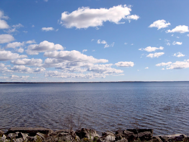 Blue sky, blue water, clouds, near & far shore