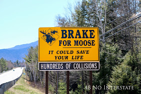 48 No Interstate back roads cross country coast-to-coast road trip New Hampshire Brake for Moose road sign