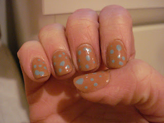 Tan and baby blue spots nailpolish manicure