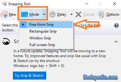 memilih mode snipping tool untuk screenshot di pc laptop
