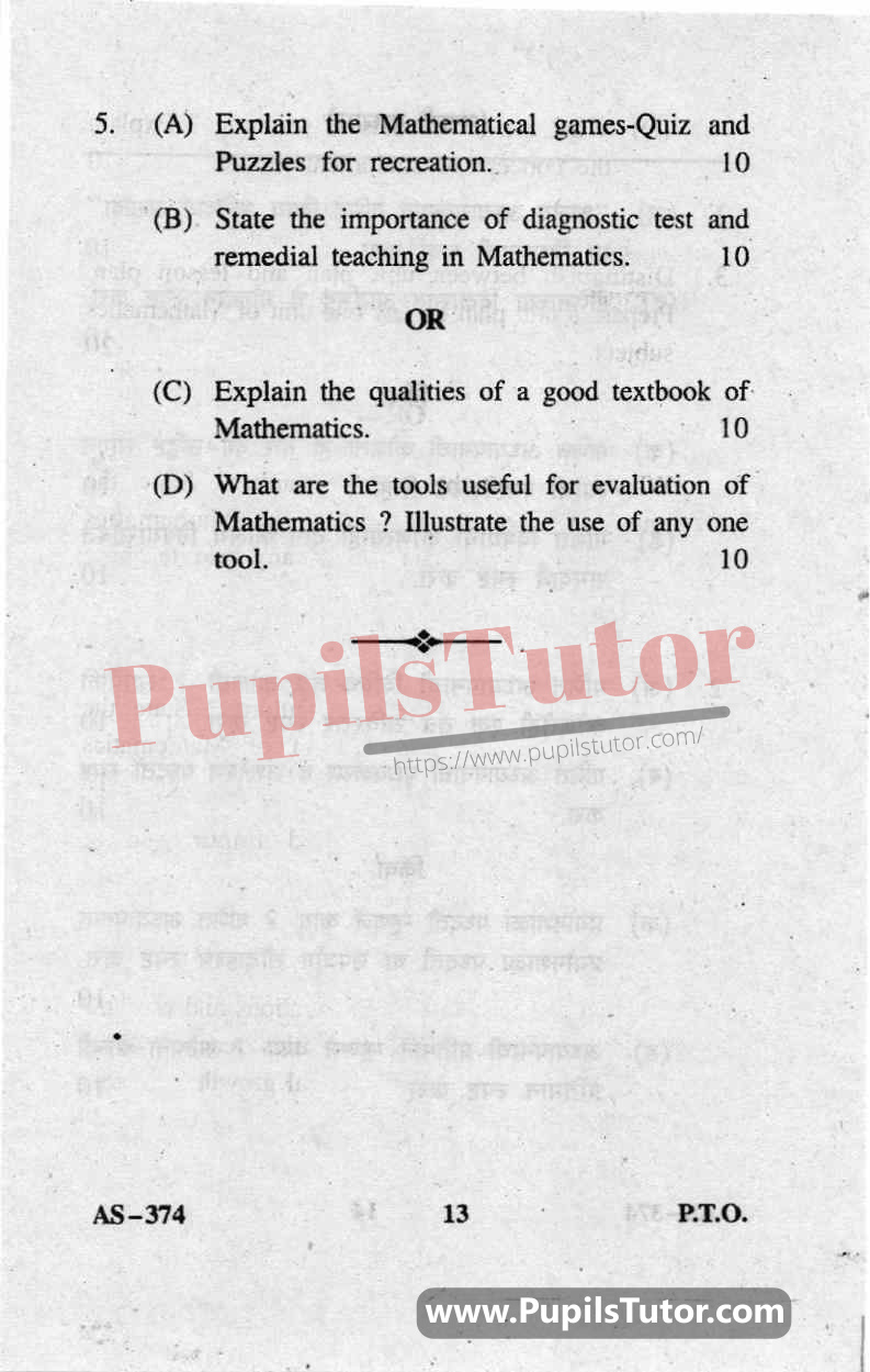 Pedagogy Of Mathematics Question Paper In English