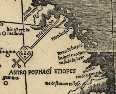 Malindi. Detail of Waldseemuller's 1507 map.
