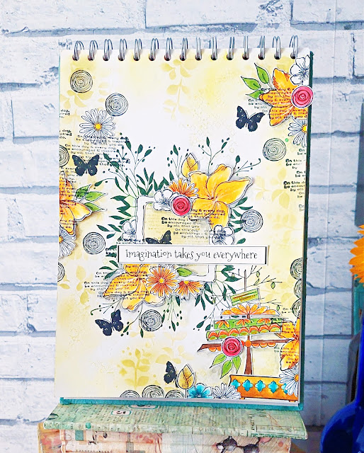 Art journal page using Shady Designs Blooming Marvellous & Floral Frames collections