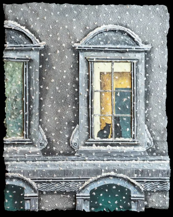 textured paper collage of two cats seated in window of ornate building during snowfall