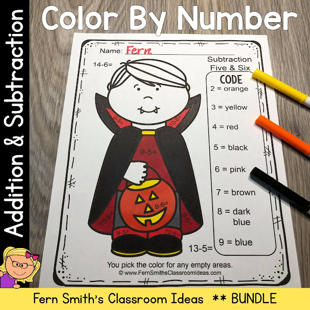 Download This Halloween Color By Numbers Non-Scary Costumed Kids Addition and Subtraction Bundle to Use in Your Classroom Today!
