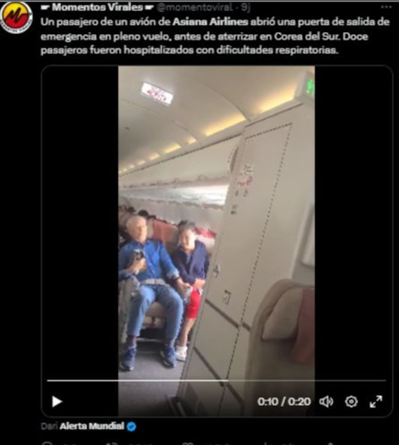 A male passenger opened the emergency door of Asiana Airlines flight OZ8124 before landing at Daegu International Airport on Friday (26/5/2023). (Screenshot from Twitter account @momentotviral)