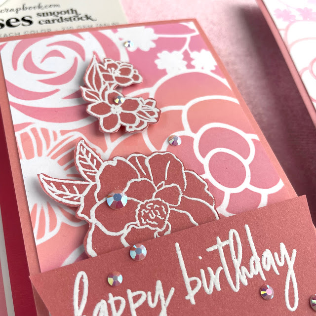 Birthday and Mother's Day floral cards created with: Scrapbook.com bloom bundle, flower garden stencil, rose blossom stamp, celebration expressions stamp, roses slimline cardstock, domed foam tool, scissors; Tim Holtz distress oxide in kitsch flaming, saltwater taffy and worn lipstick; Pinkfresh jewels