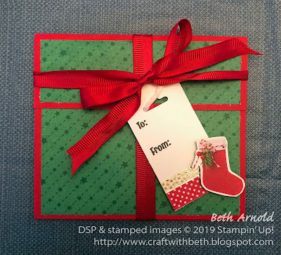 Craft with Beth: Stampin' Up! Signs of Santa Dashing Along DSP Designer Series Paper washi tape, scalloped tag topper punch, gift card holder, gift certificate holder, classic label punch, stocking, Christmas, Stampin' Blends