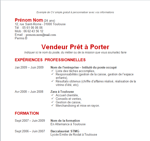 Exemple cv simple doc - CV Anonyme