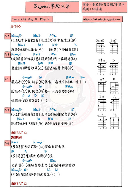 Beyond: 早班火車 ukulele chord和弦譜