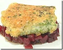 Trancio di baccalà arrosto con barbabietole e robiola