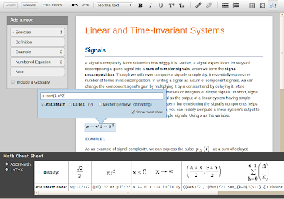 Mockup showing an equation, x plus the square root of  parens 1 minus x squared. An input box shows ASCIIMath code that the author uses to create the equation.