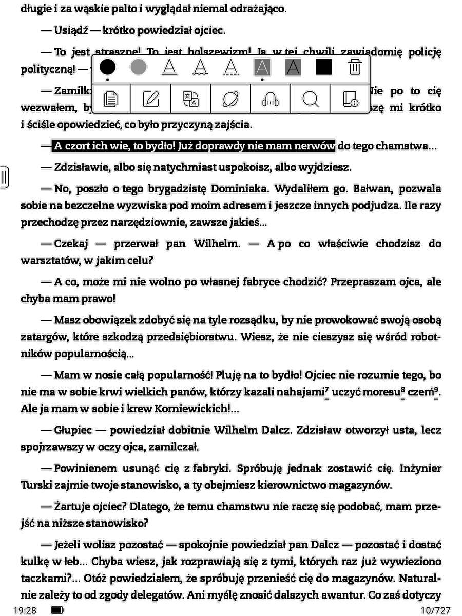 Onyx Boox Note Air – zaznaczenie tekstu przez czarne tło i białą czcionkę