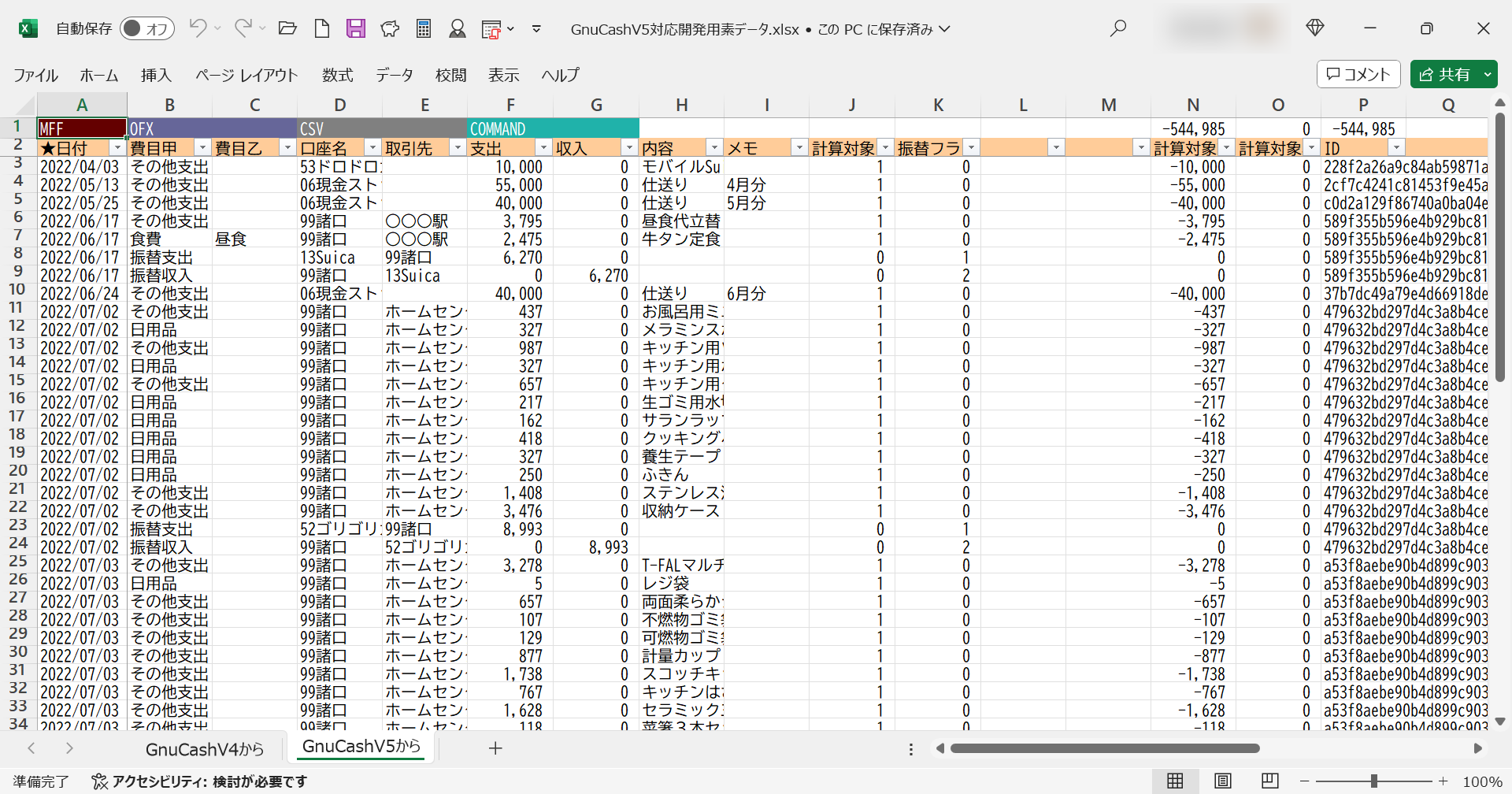 GnuCashV5のCSVファイルをMFF形式に変換した