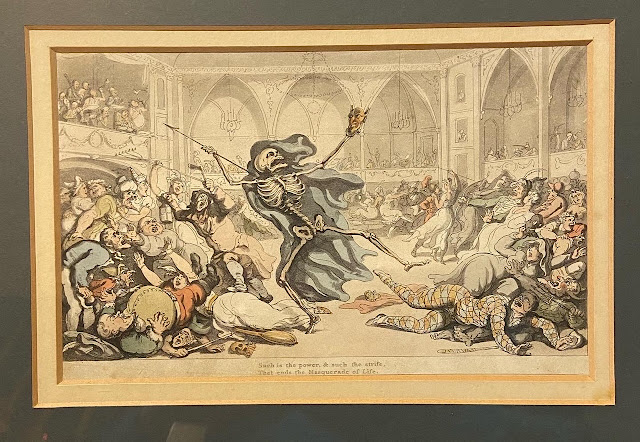 A Georgian print of a skeleton at a masquerade party. He has removed his mask, showing his skull, and all the other partygoers are recoiling in horror.