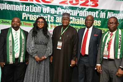 L-R: Emem Kanico, National President, Public Procurement Practice; Amb. Funmilayo Adekojo, Keynote Speaker; Prof Umar Danbatta, Executive Vice Chairman/Chief Executive Officer, Nigerian Communications Commission (NCC); Prof. Oluwatoyin Ogundipe, Former Vice Chancellor, University of Lagos and Onafowote Idowu, Director General, Lagos Public Procurement Agency, at the 3rd Annual National Conference/Induction Award Ceremony by the Association of Public Procurement Practitioners of Nigeria where Danbatta received the Procurement Compliance Excellence Service Award in Lagos on Thursday (June 8, 2023).