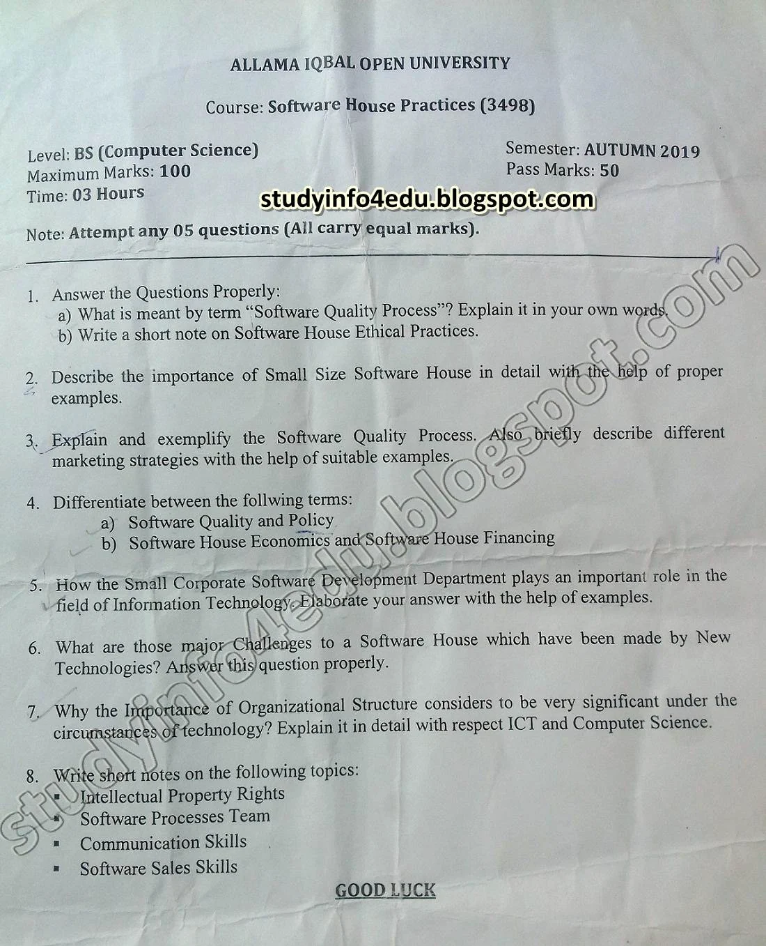 Aiou 3498 Past paper/old papers Autumn 2019