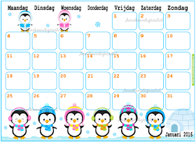 januari 2016 voor kinderen, kalender 2016, 2016 zelf printen, kalender voor kinderen, pinguïn kalender, 2016 kalender, kalender printable, 2016, tuxx 2016