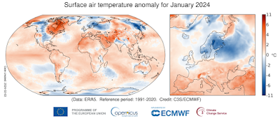 Surface air temperature anomaly for January 2023 relative to the January average for the period 1991-2020