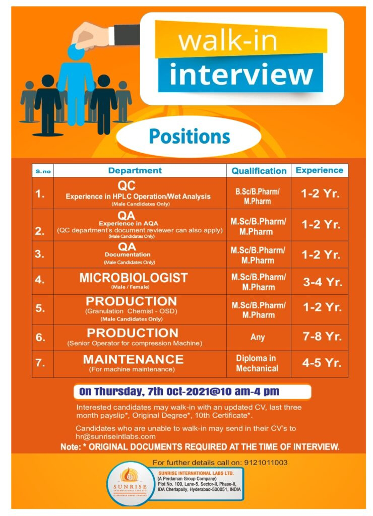 Job Availables,Sunrise International Labs Ltd – Walk-In-Interviews for Production, QA, QC, Microbiology, Maintenance