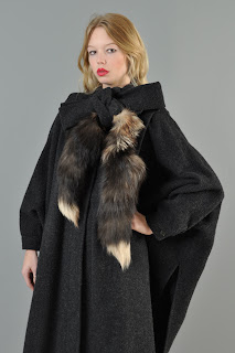 Vintage 1980's charcoal grey wool coat with brown foxtail tie at neckline.