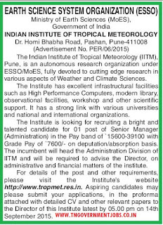 Applications invited for Senior Manager Administration for Indian Institute of Tropical Meteorology Pune