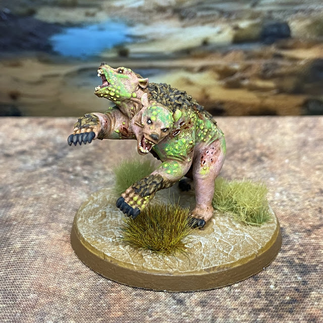 32mm post-apocalypse  miniatures from Vermillion and TennageWastelandUS  that are compatible with Fallout Warfare Wasteland. Bear Force mutant bear as Yao Guai proxy