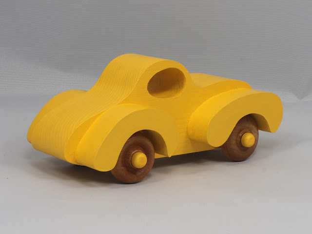 Handmade Wood Toy Car, Fat Fendered Coupe Painted Bright Yellow and Amber Shellac  Perfect for Kids, Home or Office Decor