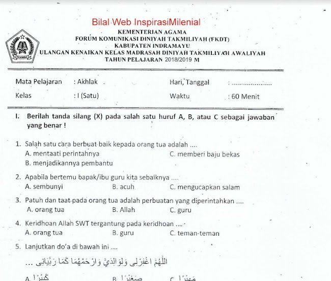 Download Soal UKK Madrasah Diniyah Takmiliyah Awaliyah (MDTA) Mapel Akhlak 1 Tahun 2018-2019 M