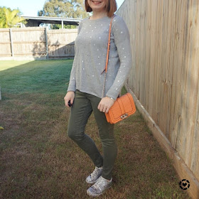 awayfromblue Instagram | olive skinny jeans with grey polka dot foil knit jumper and coral rebecca minkoff love bag
