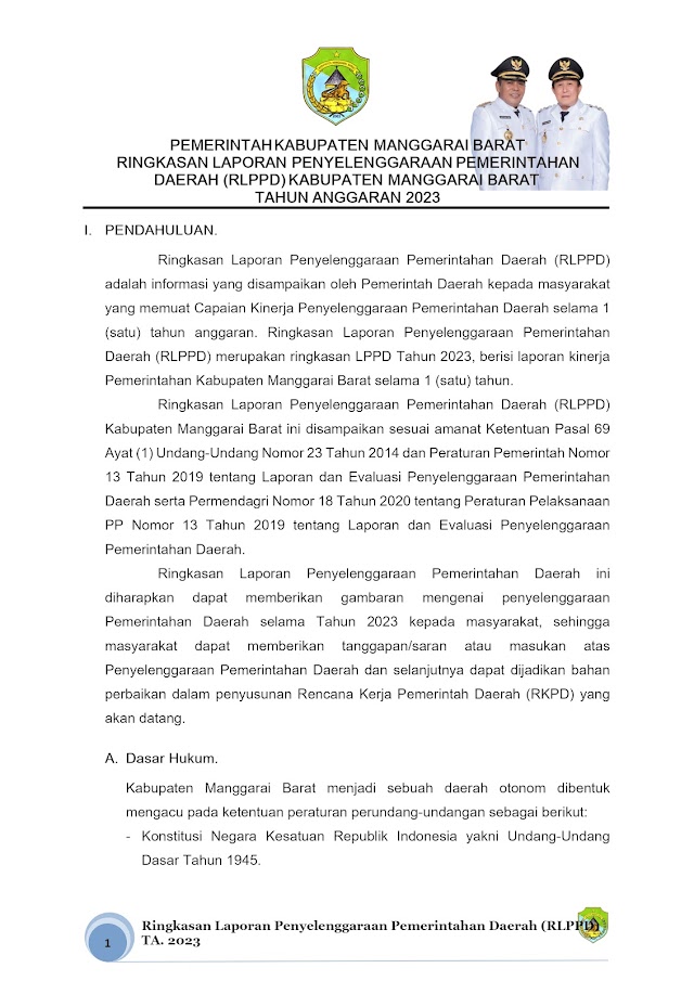 Pemerintah Kabupaten Manggarai Barat Ringkasan Laporan Penyelenggaraan Pemerintahan Daerah (RLPPD) Kabupaten Manggarai Barat  Tahun Anggaran 2023