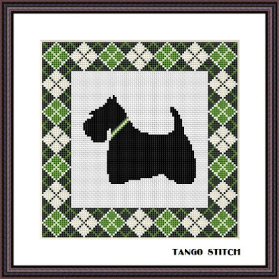 Green Argyle Scottish Terrier dog cross stitch pattern