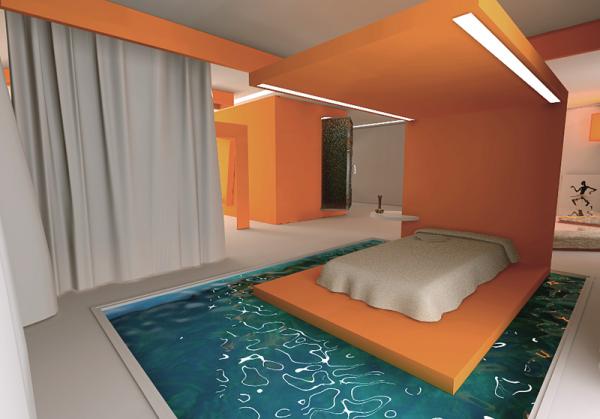 DORMITORIO PISCINA CON UNA CAMA RODEADA DE AGUA